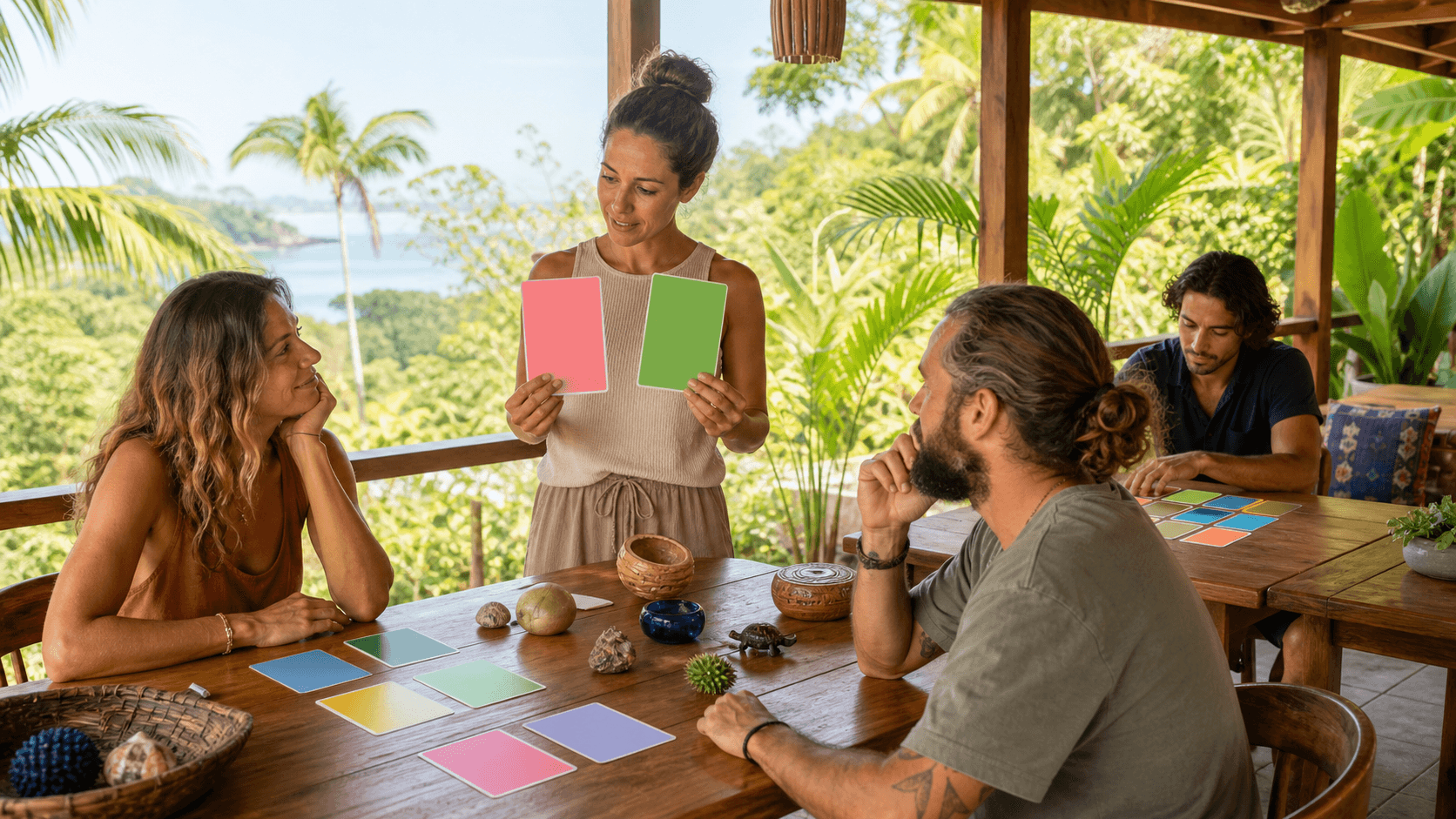 Colorful illustration of students studying Spanish outdoors with Costa Rican mountains and tropical foliage behind them.