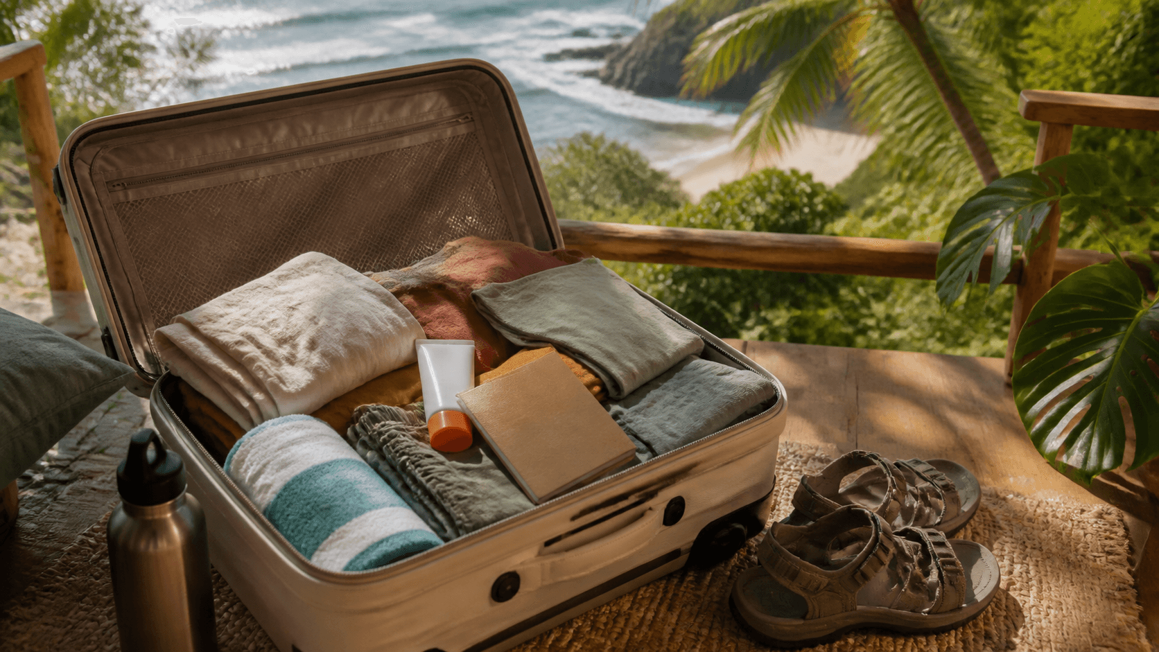 Open suitcase with tropical clothes, Spanish book, sunglasses, and sunscreen beside a sunlit beach map.